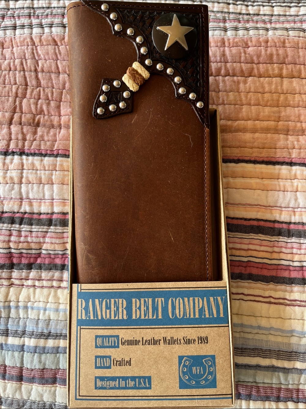 Brown Leather Key & Card Holder with Star Stud. Ranger Belt Company.